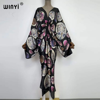 Women's printed V-neck long beach kimono robe, full length
