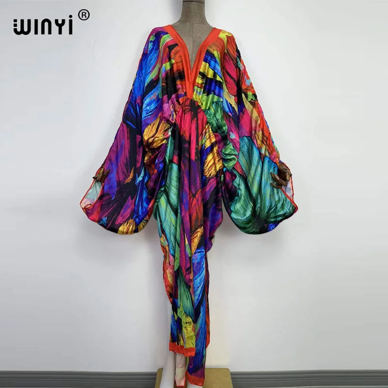 Women's printed V-neck long beach kimono robe, print detail