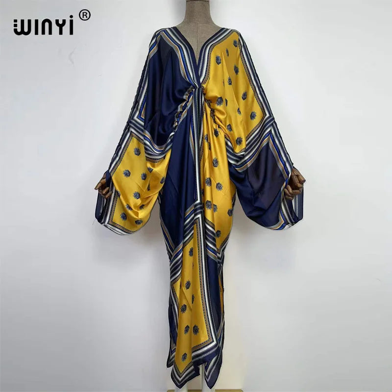 Women's printed V-neck long beach kimono robe, three-quarter view