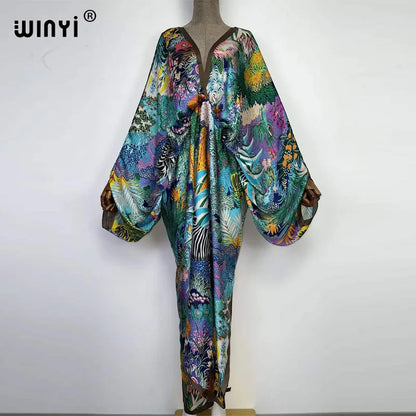 Women's printed V-neck long beach kimono robe, colour range overview