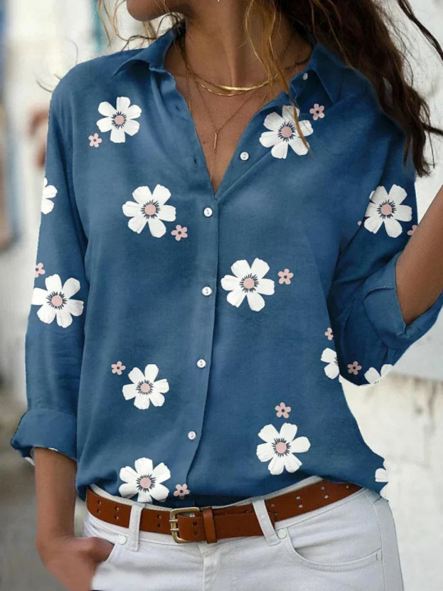 Kessoro Women's Floral Print Collared Button-Front Blouse in pink, gray, blue and green — side view