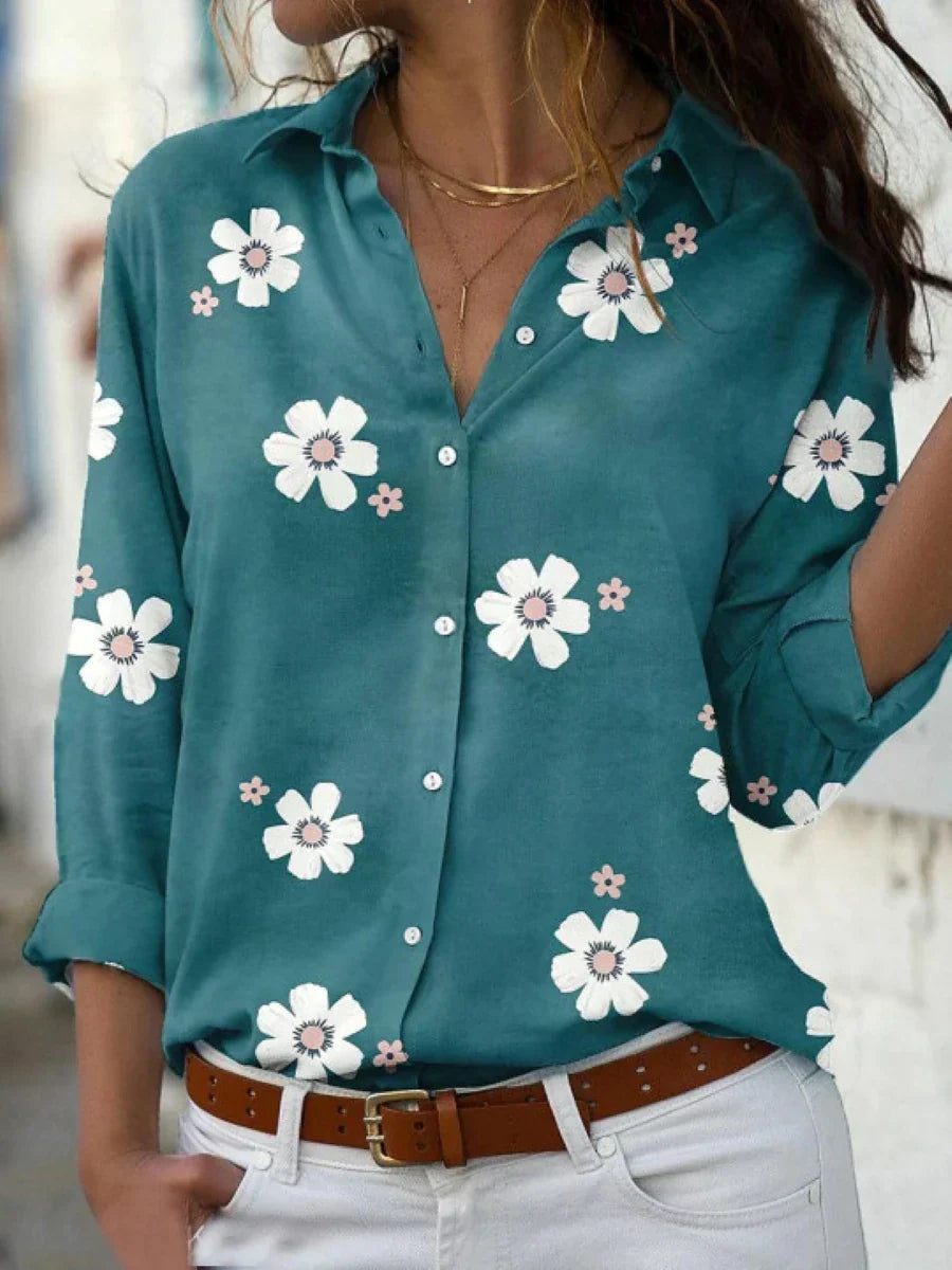 Kessoro Women's Floral Print Collared Button-Front Blouse in pink, gray, blue and green — back view