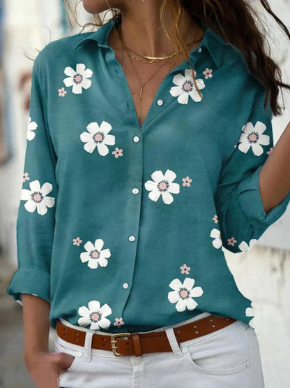 Kessoro Women's Floral Print Collared Button-Front Blouse in pink, gray, blue and green — back view