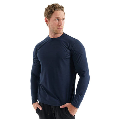 Men's long-sleeve wool T-shirt, worn