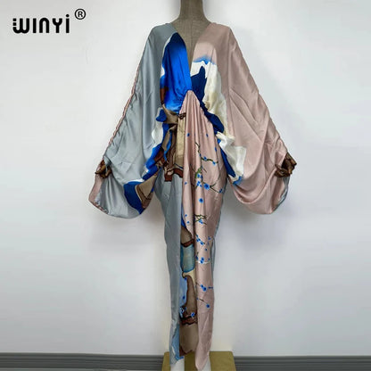 Women's printed V-neck long beach kimono robe, back view
