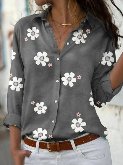 Kessoro Women's Floral Print Collared Button-Front Blouse in pink, gray, blue and green — styled on model