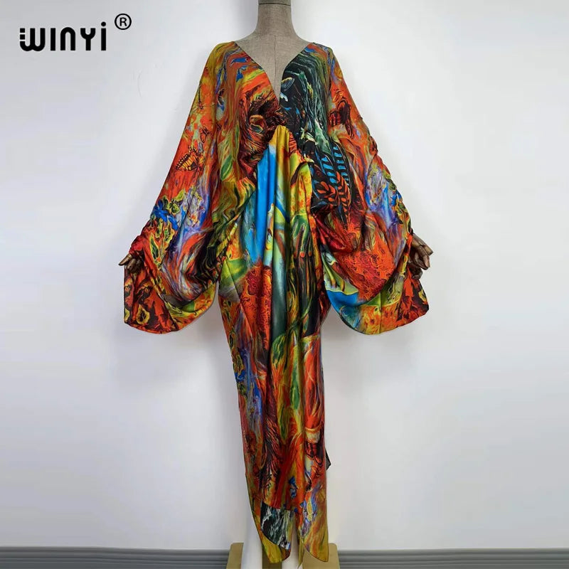 Women's printed V-neck long beach kimono robe, worn