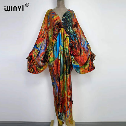 Women's printed V-neck long beach kimono robe, worn