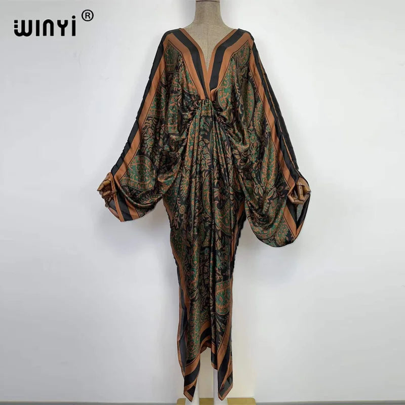 Women's printed V-neck long beach kimono robe, hem detail