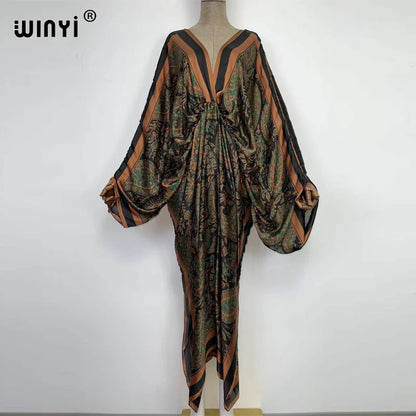 Women's printed V-neck long beach kimono robe, hem detail