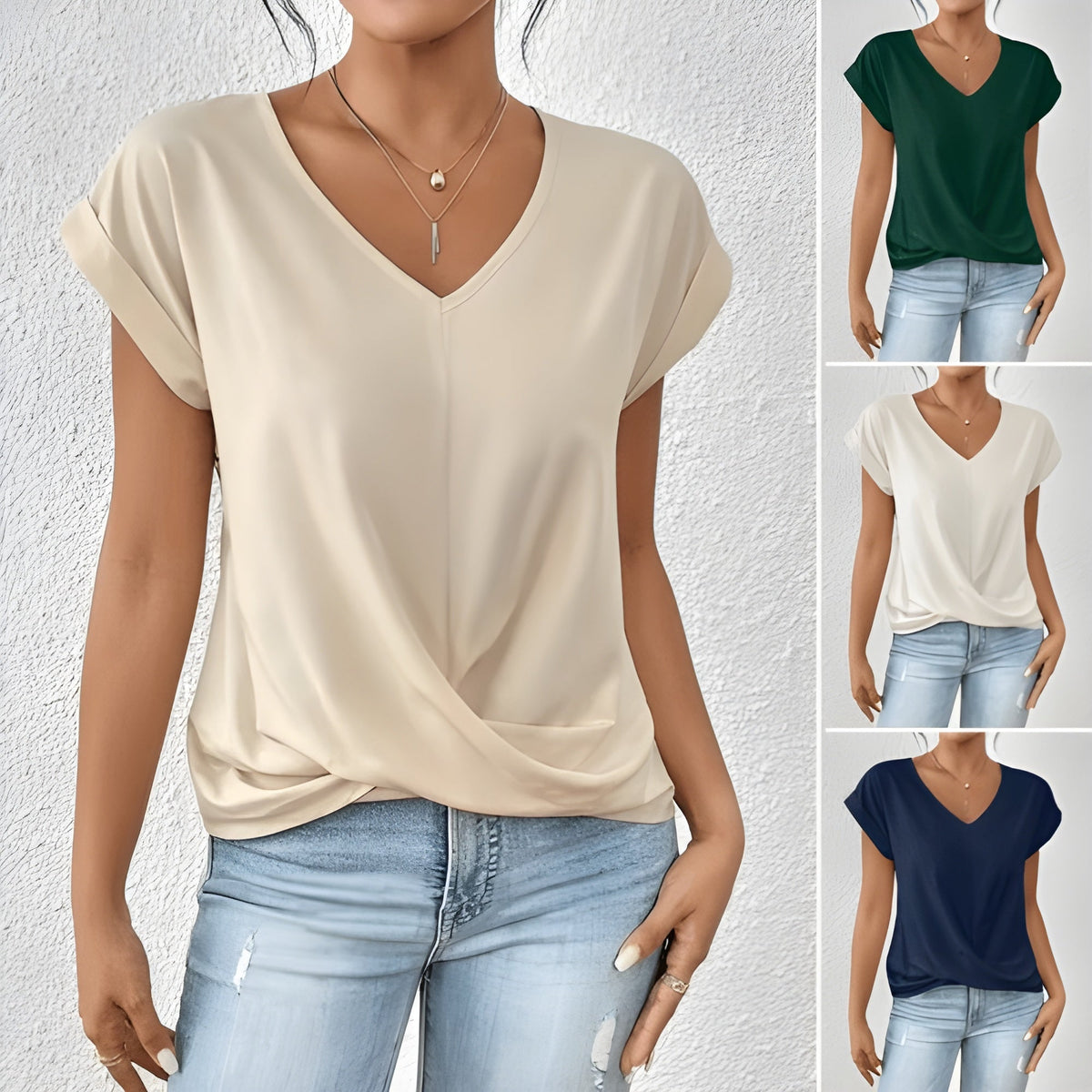 Women's twist-front V-neck top with waist-defining detail