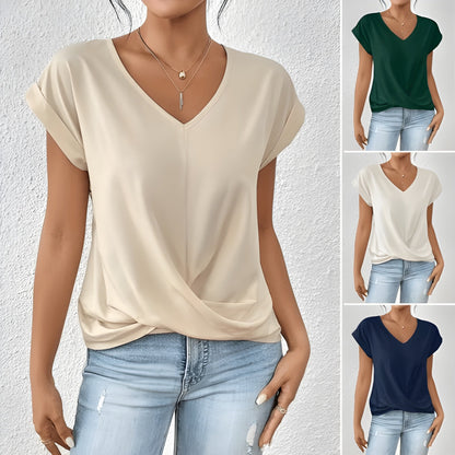 Women's twist-front V-neck top with waist-defining detail