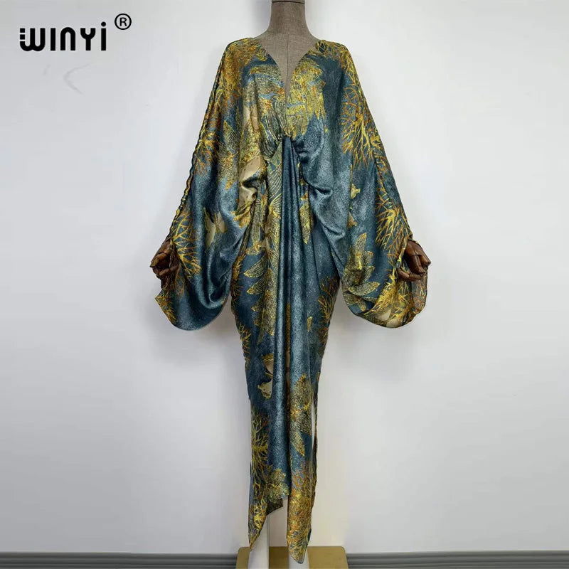Women's printed V-neck long beach kimono robe, flat lay