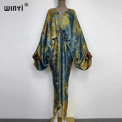 Women's printed V-neck long beach kimono robe, flat lay