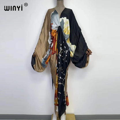 Women's printed V-neck long beach kimono robe, neckline detail