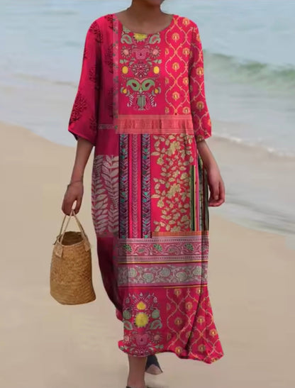 Women's floral print knee length dress with a round neck and short sleeves in blue and pink