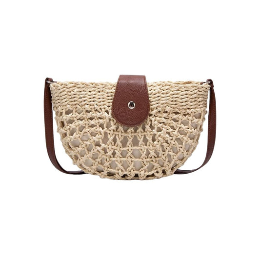 Kessoro women's braided straw compact shoulder bag in beige and brown
