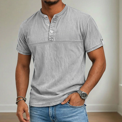 Men's stand collar short sleeve casual shirt in solid neutral and blue tones