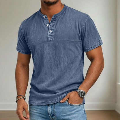 Men's stand collar short sleeve casual shirt in solid neutral and blue tones