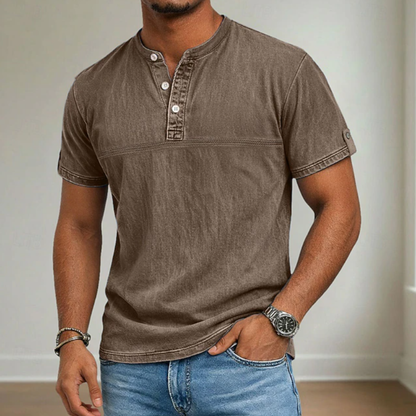 Men's stand collar short sleeve casual shirt in solid neutral and blue tones