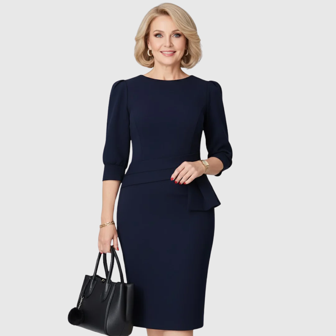 Women's sculpted peplum midi dress in navy, black, red, purple and white — Kessoro, image 3 of 10