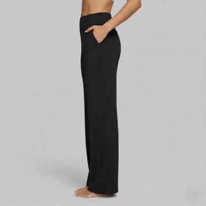 Kessoro Women's High-Waist Stretch Wide-Leg Trousers in taupe, cream, grey and other colourways — three-quarter view