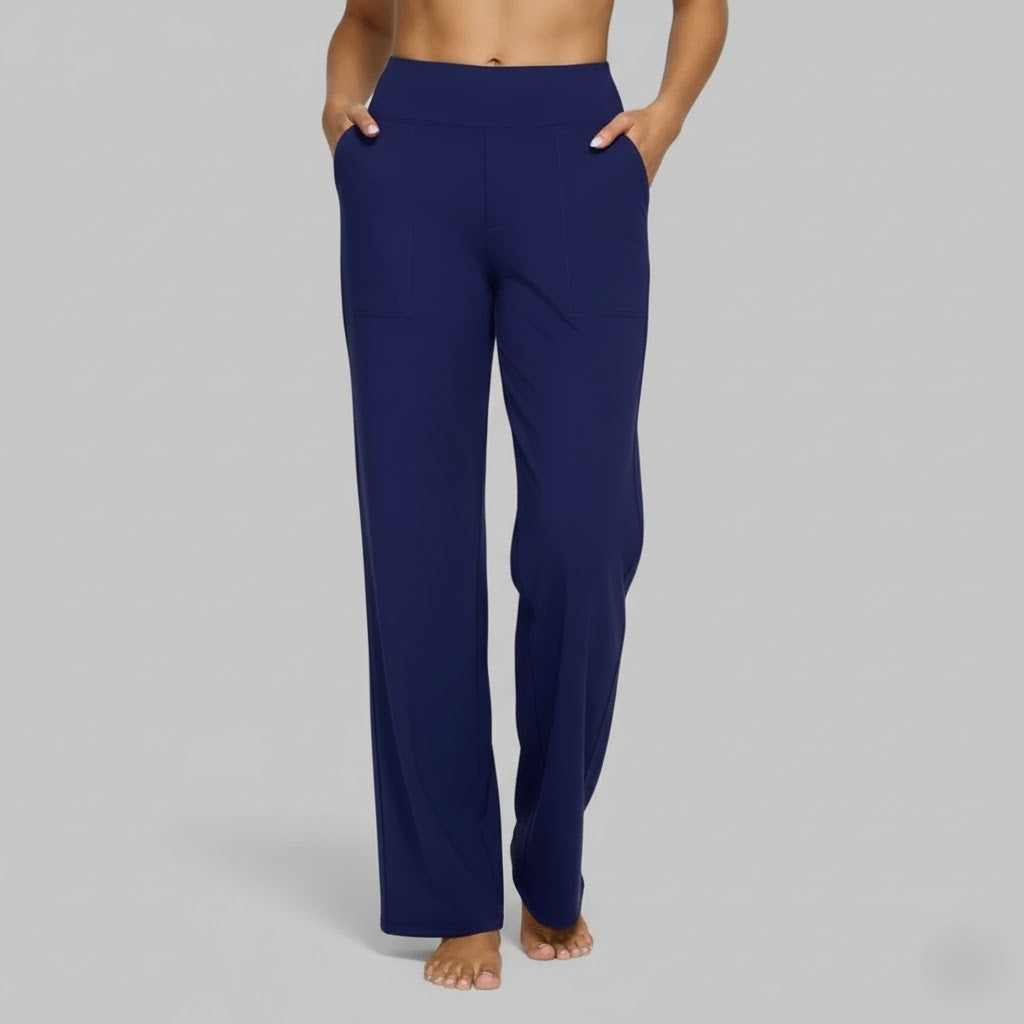 Kessoro Women's High-Waist Stretch Wide-Leg Trousers in taupe, cream, grey and other colourways — back view