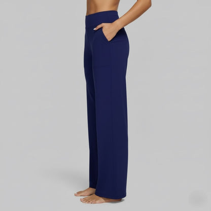 Kessoro Women's High-Waist Stretch Wide-Leg Trousers in taupe, cream, grey and other colourways — detail of the fabric and finish