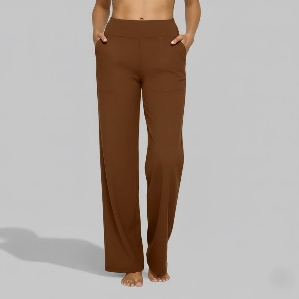 Kessoro Women's High-Waist Stretch Wide-Leg Trousers in taupe, cream, grey and other colourways — flat lay product shot
