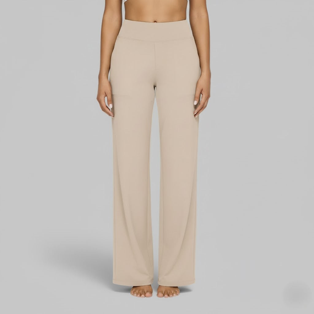 Kessoro Women's High-Waist Stretch Wide-Leg Trousers in taupe, cream, grey and other colourways — detail of the fabric and finish