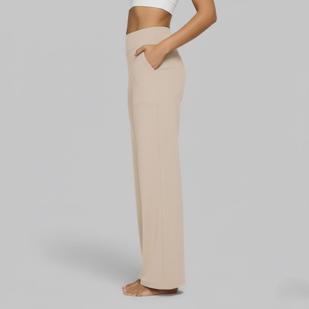 Kessoro Women's High-Waist Stretch Wide-Leg Trousers in taupe, cream, grey and other colourways — full-length view