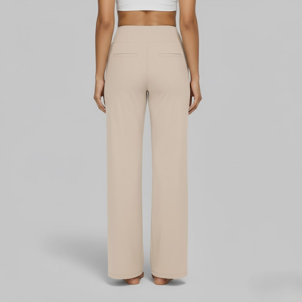 Kessoro Women's High-Waist Stretch Wide-Leg Trousers in taupe, cream, grey and other colourways — close-up of the collar and trim