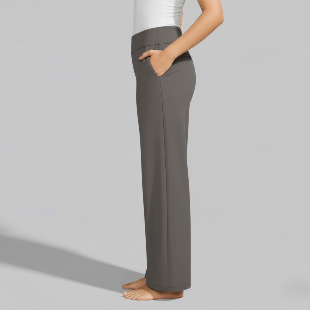 Kessoro Women's High-Waist Stretch Wide-Leg Trousers in taupe, cream, grey and other colourways — back view