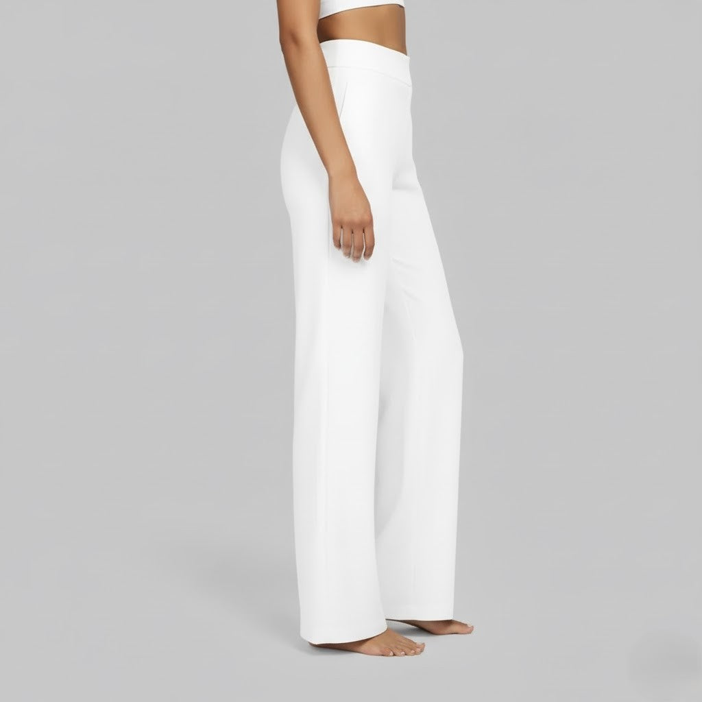 Kessoro Women's High-Waist Stretch Wide-Leg Trousers in taupe, cream, grey and other colourways — three-quarter view