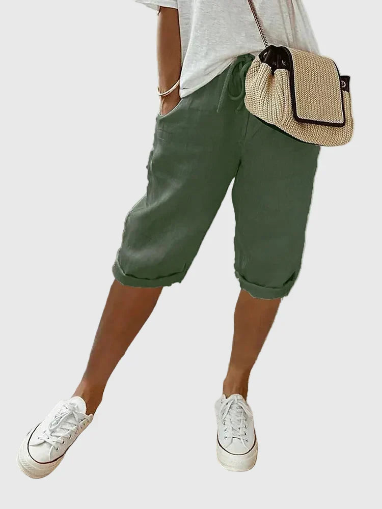 Women's soft cotton tailored comfort shorts in black, beige, green, blue and white, shown for womenswear styling