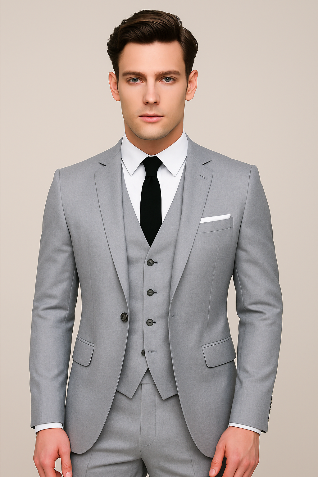 Kessoro Men's Slim Fit Single-Breasted Three-Piece Suit in navy blue, black and grey — styled on model