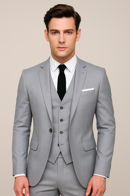 Kessoro Men's Slim Fit Single-Breasted Three-Piece Suit in navy blue, black and grey — styled on model