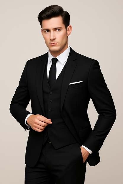 Kessoro Men's Slim Fit Single-Breasted Three-Piece Suit in navy blue, black and grey — side view