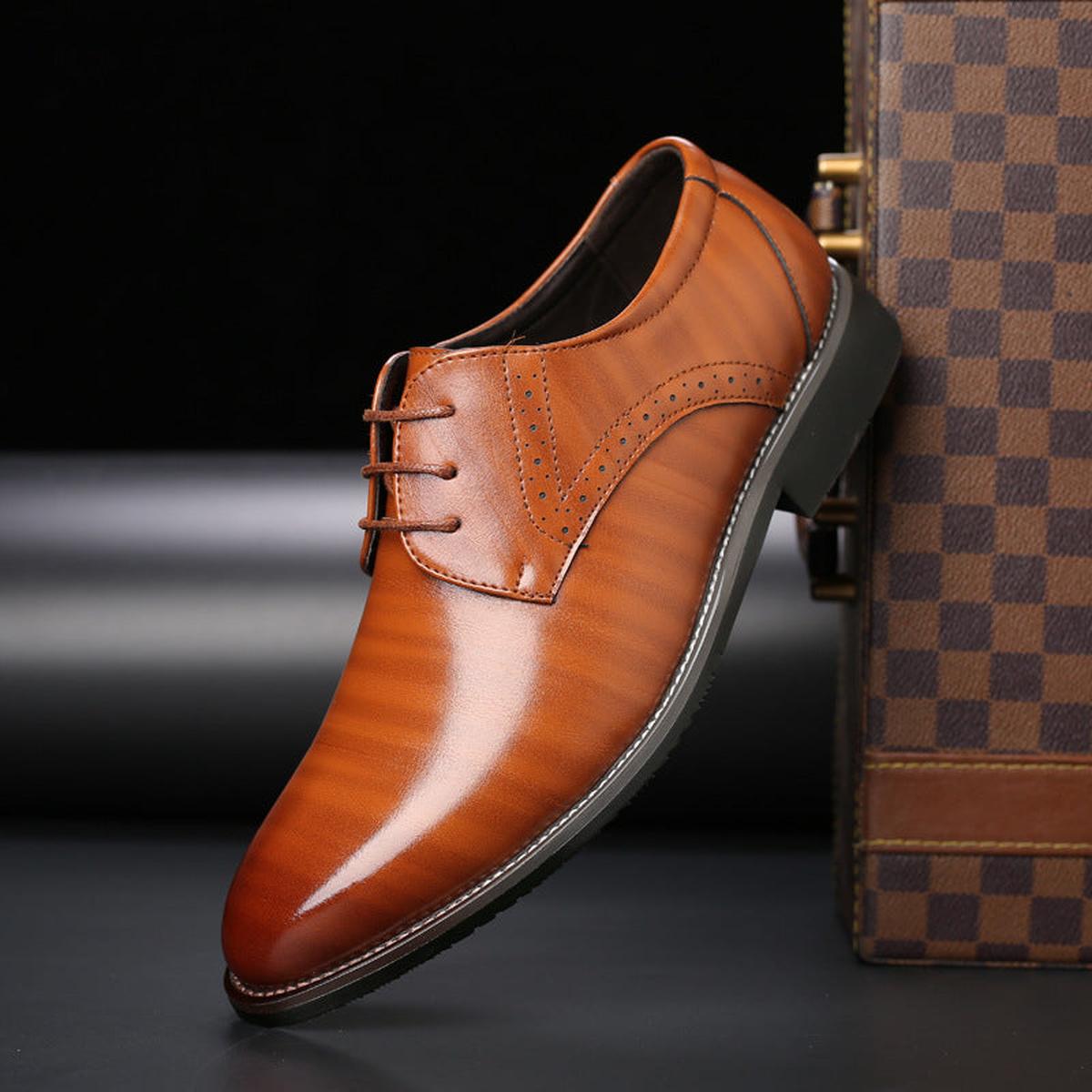 Kessoro Men's Classic Leather Lace-Up Brogue Dress Shoes in black, blue, brown and yellow — side view