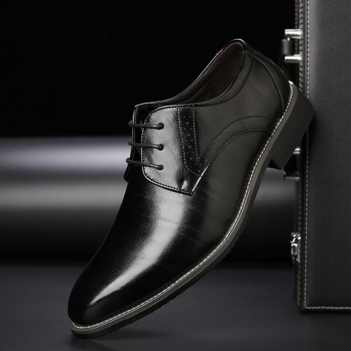 Kessoro Men's Classic Leather Lace-Up Brogue Dress Shoes in black, blue, brown and yellow — detail of the fabric and finish