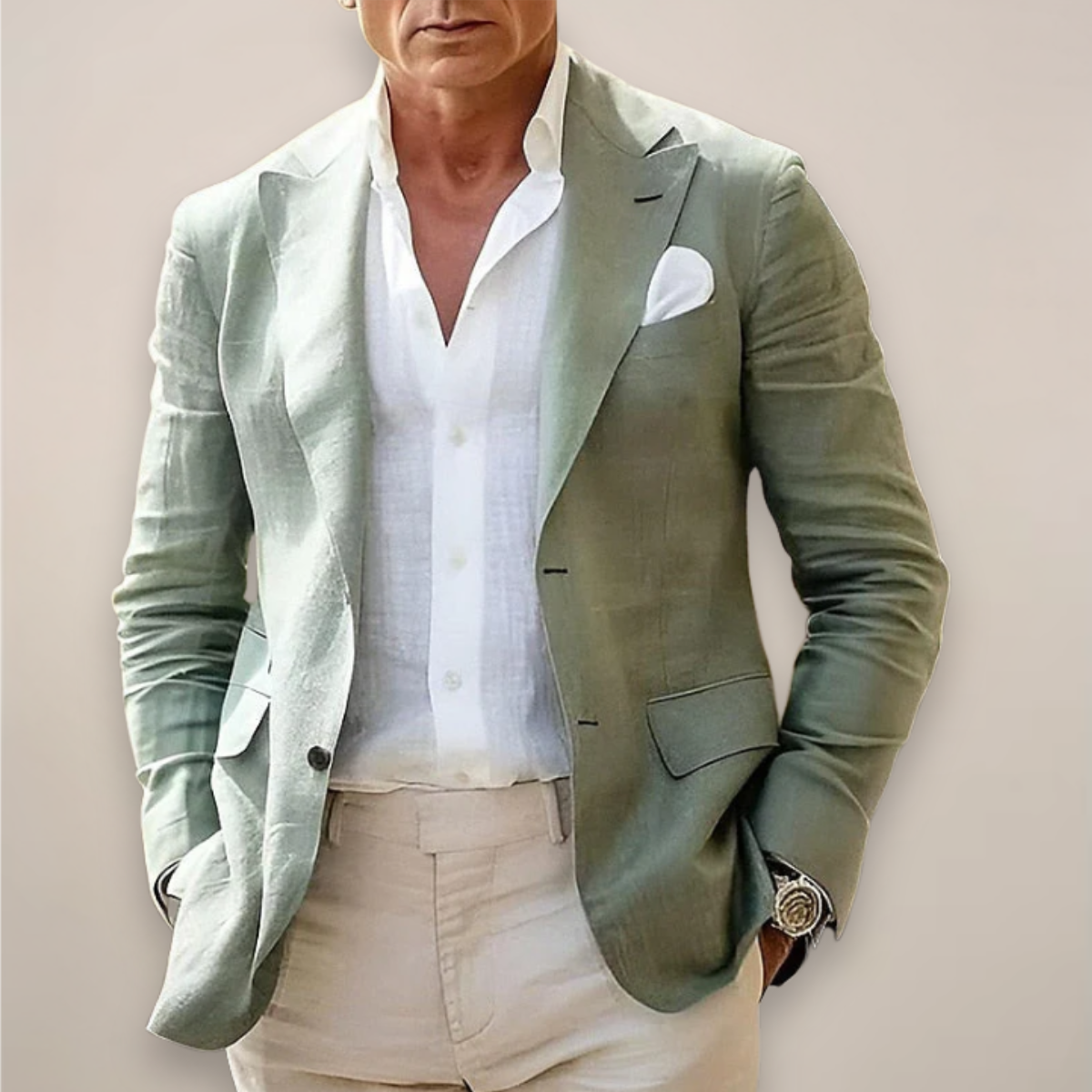 Kessoro Men's Lightweight Linen-Blend Tailored Blazer in beige, white and sage green — side view