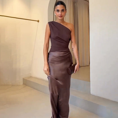 Kessoro Women's One-Shoulder Gathered-Waist Maxi Dress in dark brown, matcha and sky blue — worn with a full outfit