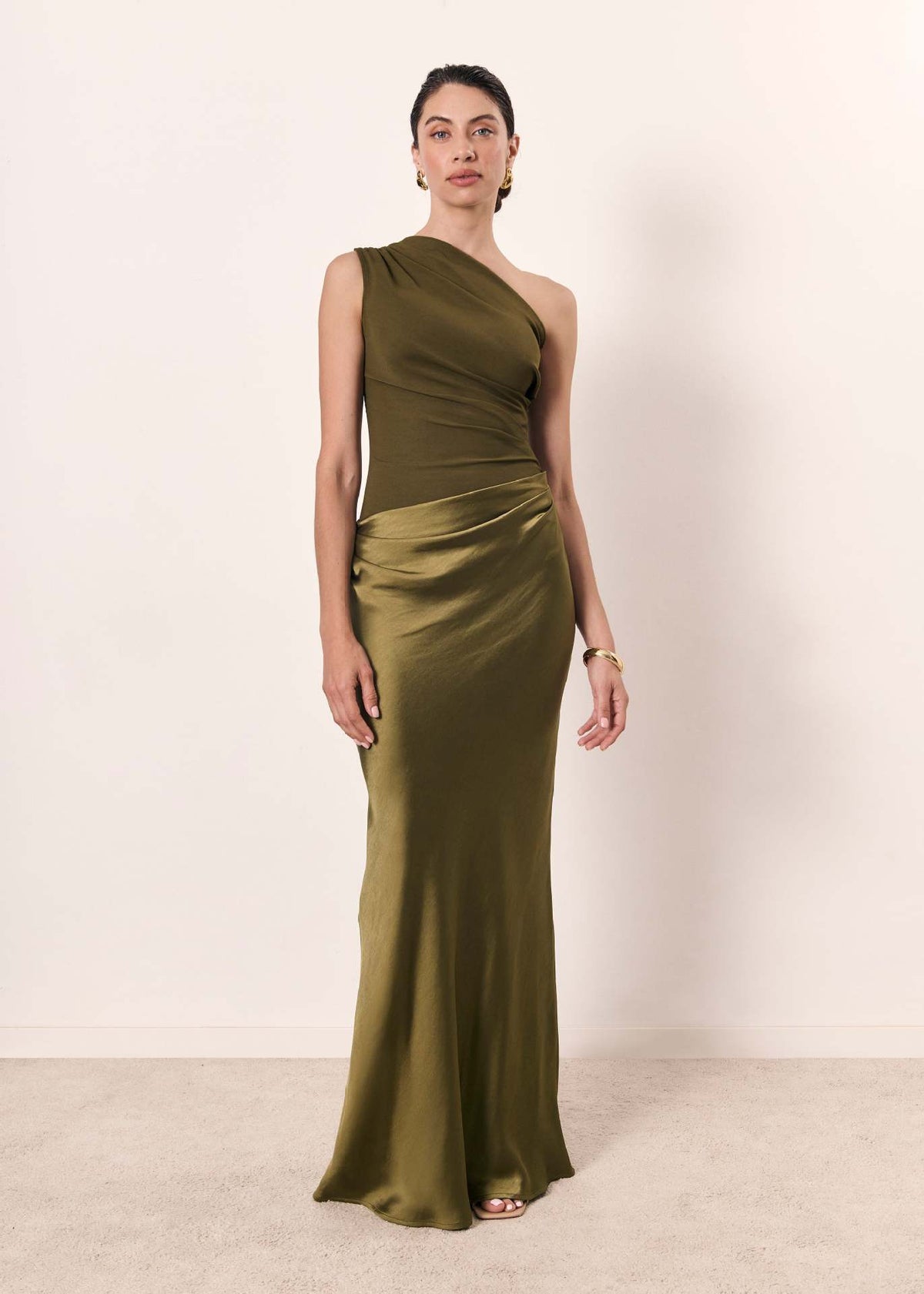 Kessoro Women's One-Shoulder Gathered-Waist Maxi Dress in dark brown, matcha and sky blue — side view