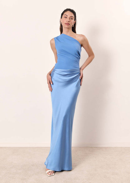 Kessoro Women's One-Shoulder Gathered-Waist Maxi Dress in dark brown, matcha and sky blue — back view