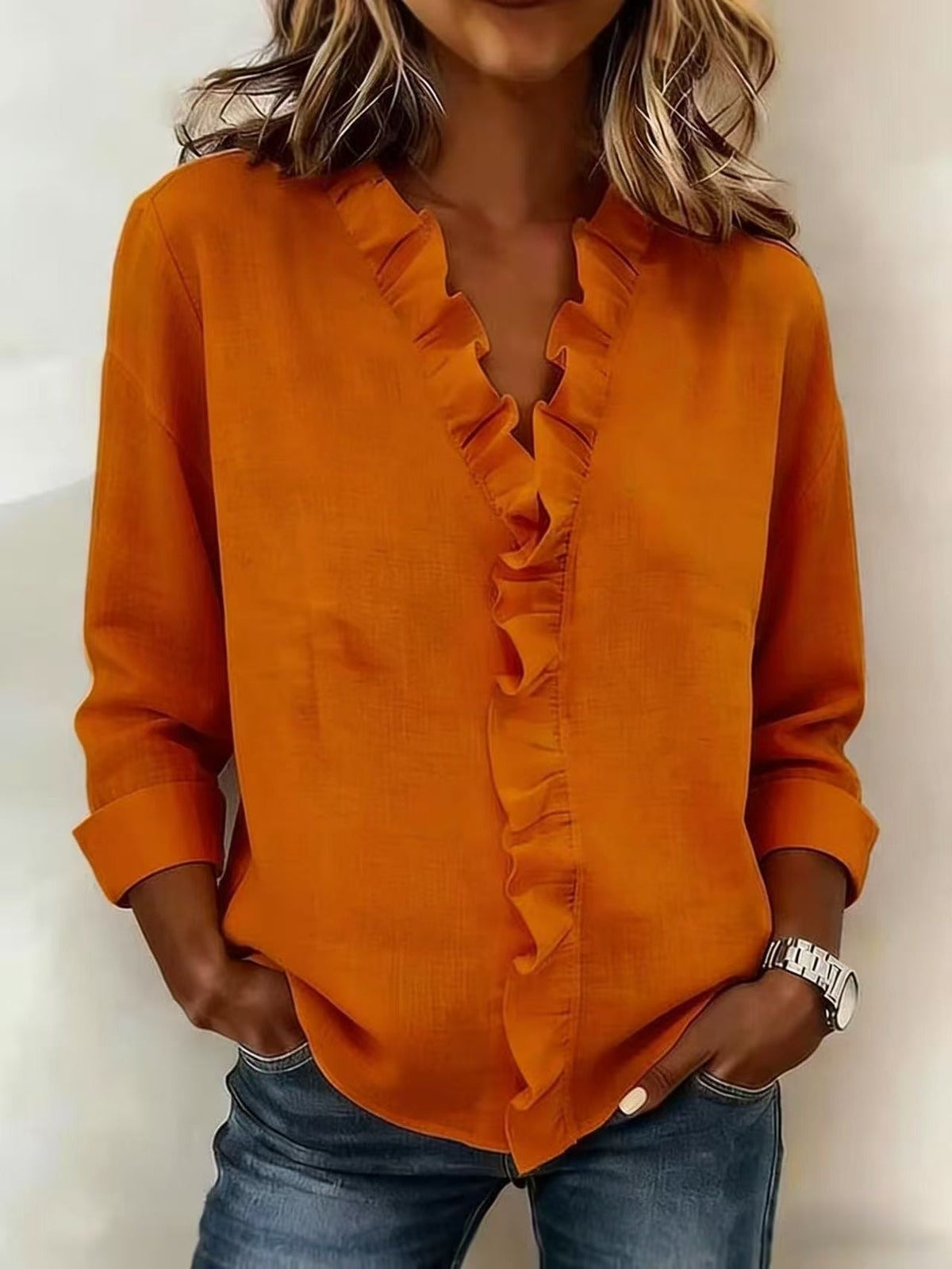 Kessoro women's V-neck ruffle long-sleeve blouse in pink, white, green, blue, black, orange, yellow and purple