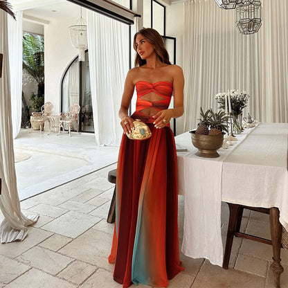 Women's strapless A-line flowy maxi dress in a multicolour print