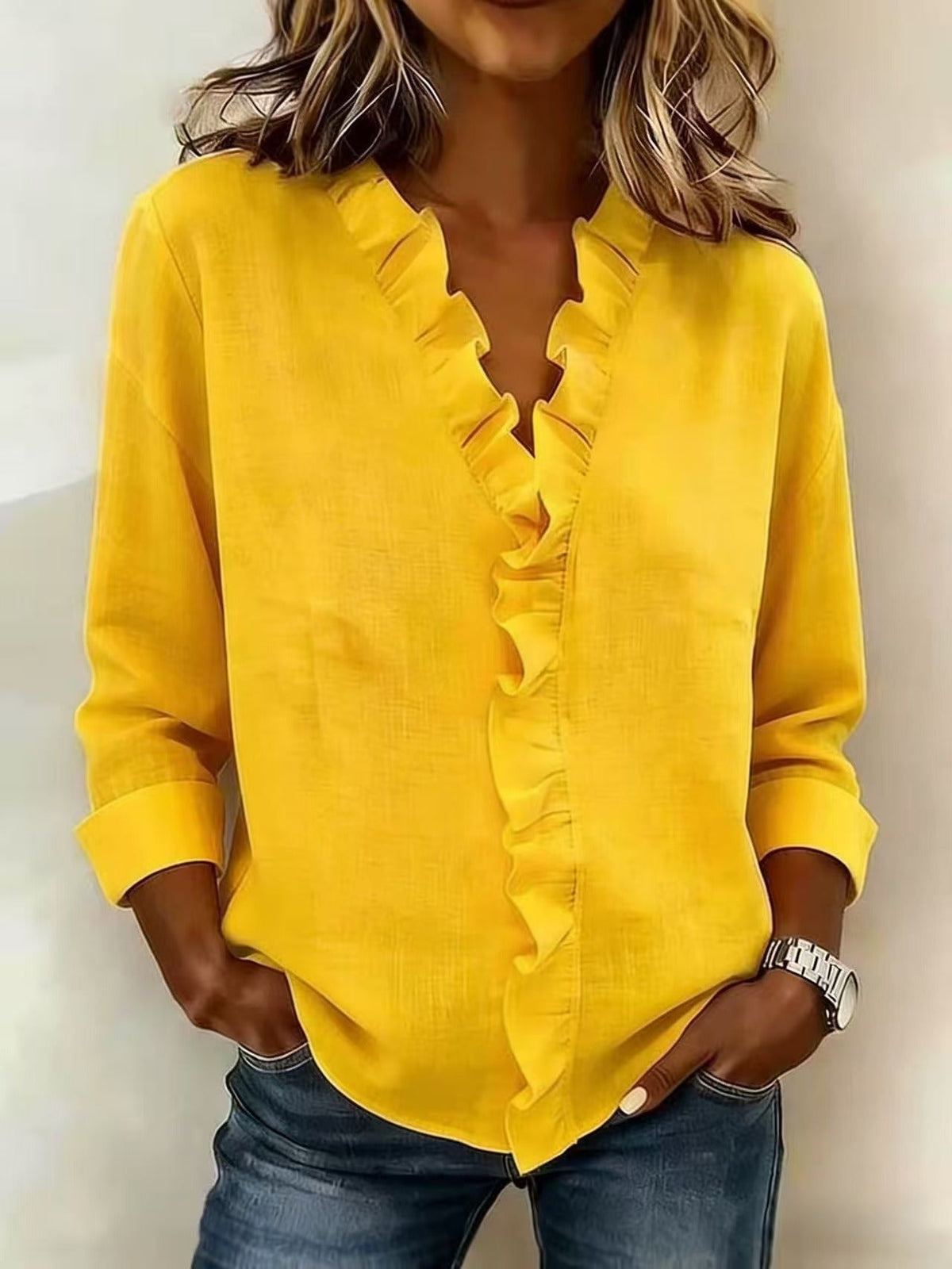 Kessoro women's V-neck ruffle long-sleeve blouse in pink, white, green, blue, black, orange, yellow and purple