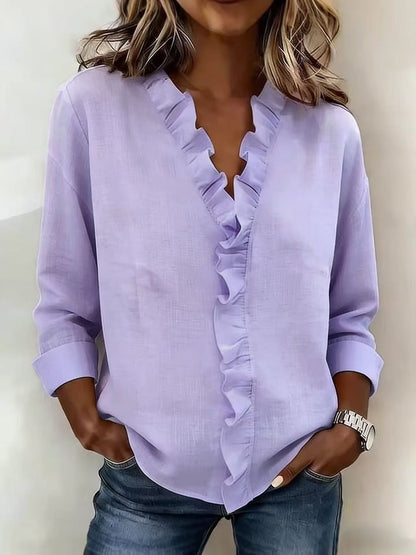 Kessoro women's V-neck ruffle long-sleeve blouse in pink, white, green, blue, black, orange, yellow and purple