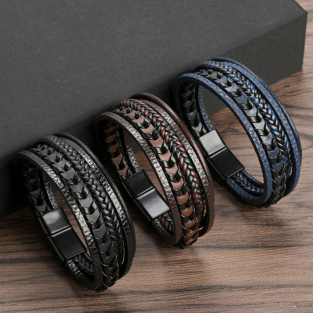Kessoro men's braided Norse-inspired magnetic clasp bracelet in blue, brown and black