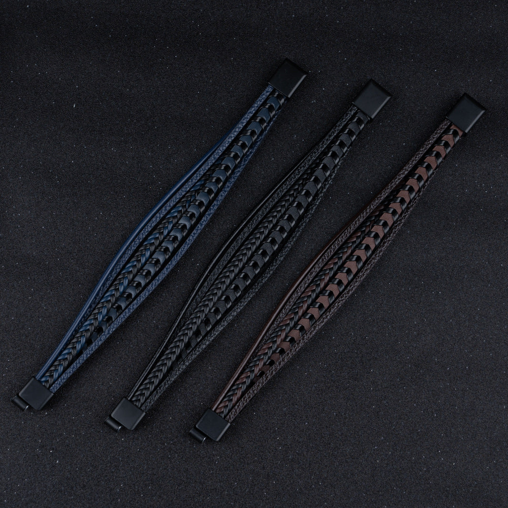 Kessoro men's braided Norse-inspired magnetic clasp bracelet in blue, brown and black